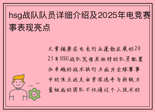hsg战队队员详细介绍及2025年电竞赛事表现亮点