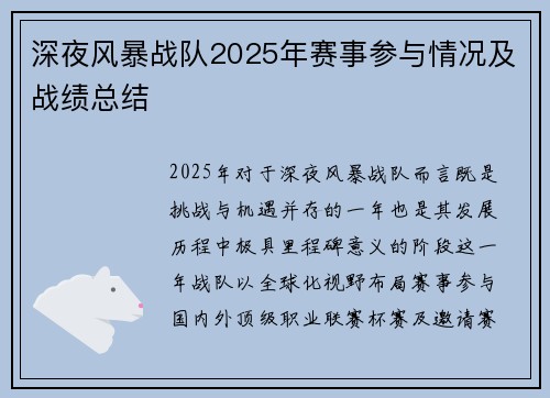 深夜风暴战队2025年赛事参与情况及战绩总结